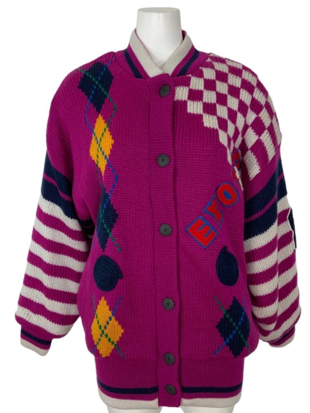 Vintage Sweater Jacket By Exotic L Stripe Argyle Retro 80s